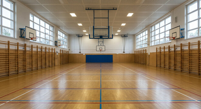 A view of an empty gymnasium with basketball hoops and climbing bars on the walls and shiny wooden floor