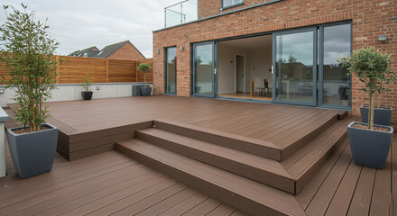 Exterior view of modern house with brown composite decking and sliding glass doors to the garden