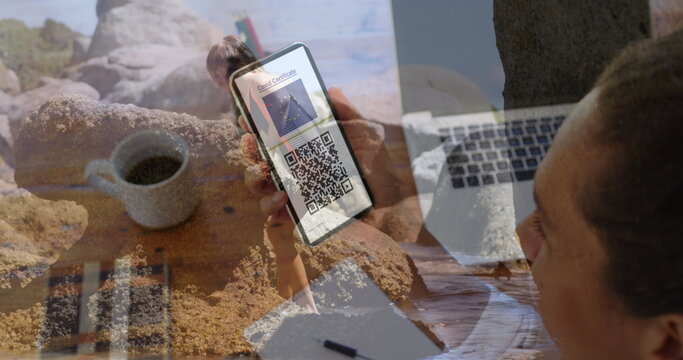 Image of woman with covid passport on smartphone over caucasian girl on beach