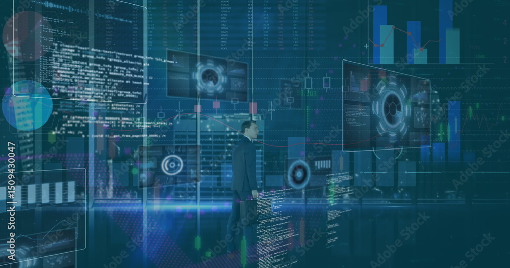 Poster image of data processing on screens over back view of businessman using touchscreen