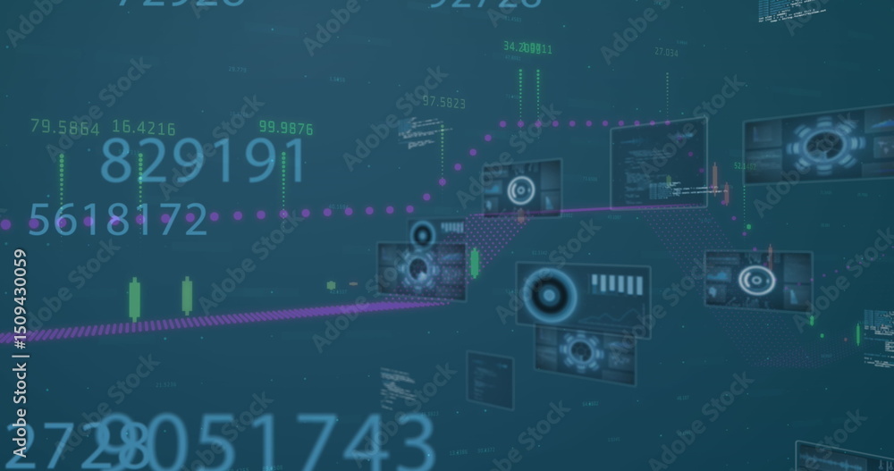 Poster image of data processing and numbers on blue digital screens