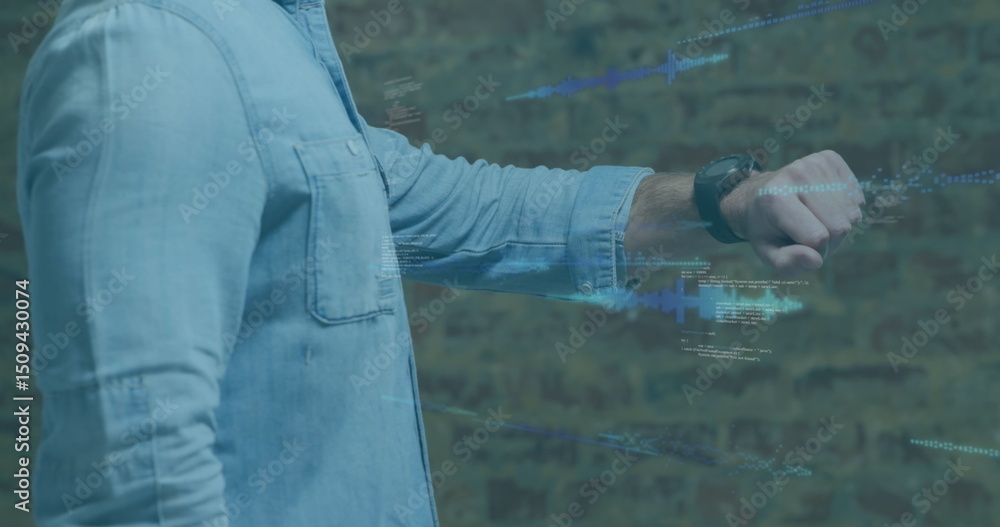 Poster image of data processing on screens over caucasian man checking smartwatch