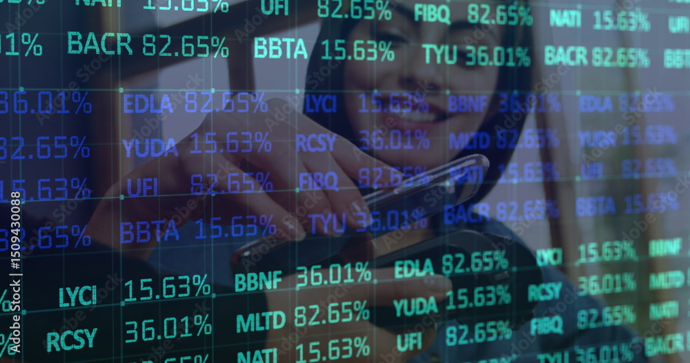 Poster image of digital data processing over woman using a payment terminal