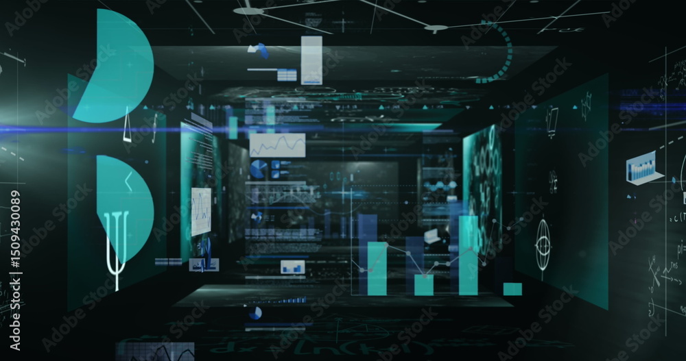 Poster image of diverse graphs and data moving in black space