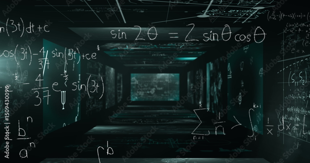 Poster mathematical equations floating over multiple blackboards with data processing