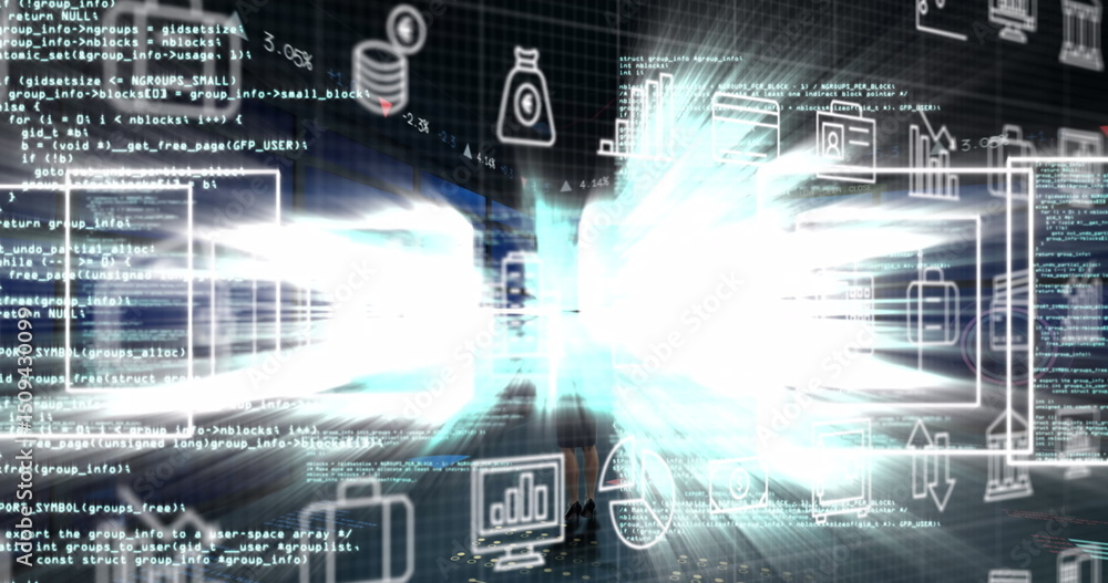 Poster image of icons over data processing and light trails on black background