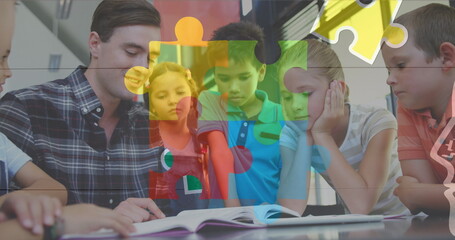 Image of colorful puzzle and head profile over caucasian man reading to diverse children