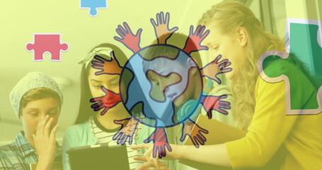 Image of colorful puzzle and globe with hands over diverse children using tablet
