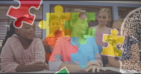 Image of puzzle over diverse schoolchildren