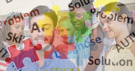 Image of colorful puzzle and autism texts over caucasian man and diverse children