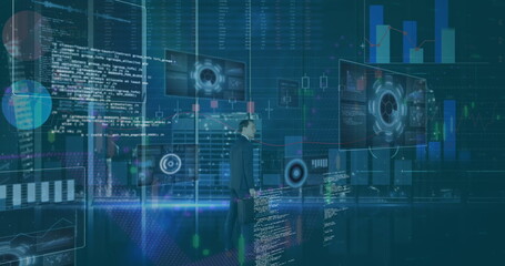 Image of data processing on screens over back view of businessman using touchscreen