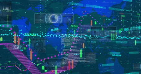 Image of financial data and screens over world map on blue background