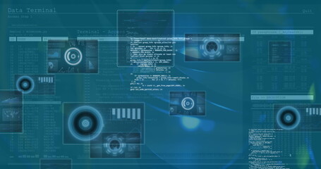 Image of data processing on blue digital screens