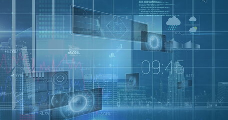 Image of data processing on blue digital screen