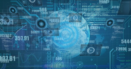 Image of data processing, integrated circuit over globe and blue background