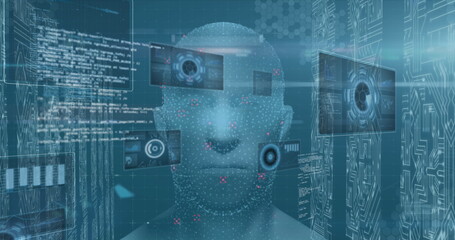 Image of data processing on blue digital screens, servers and human head model