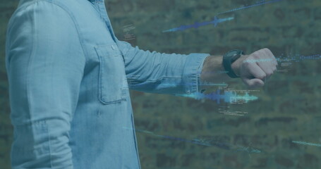 Image of data processing on screens over caucasian man checking smartwatch