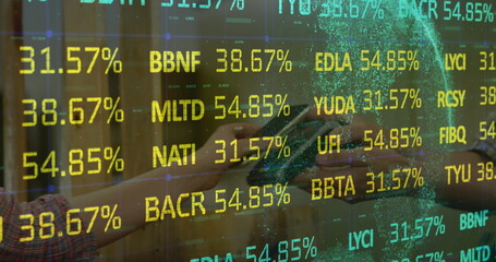 Image of financial data over hands of caucasian seller and customer using payment terminal