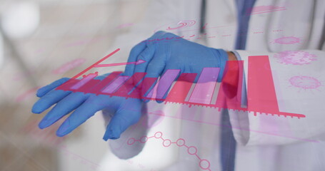 Slipping gloved hands of lab coat-clad scientist at research lab, with digital data overlay