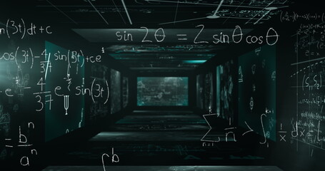 Mathematical equations floating over multiple blackboards with data processing