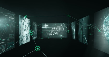 Image of network of connections over screens with science data processing