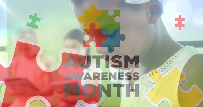 Image of autism awareness month text over diverse schoolchildren