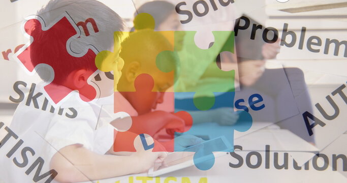 Image of colorful puzzle and autism texts over diverse children with tablets