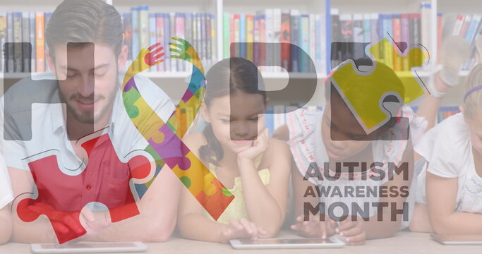 Image of hope, autism awareness month and colorful ribbon over diverse pupils at school