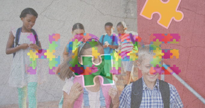 Image of colorful puzzle and hope over happy diverse school children