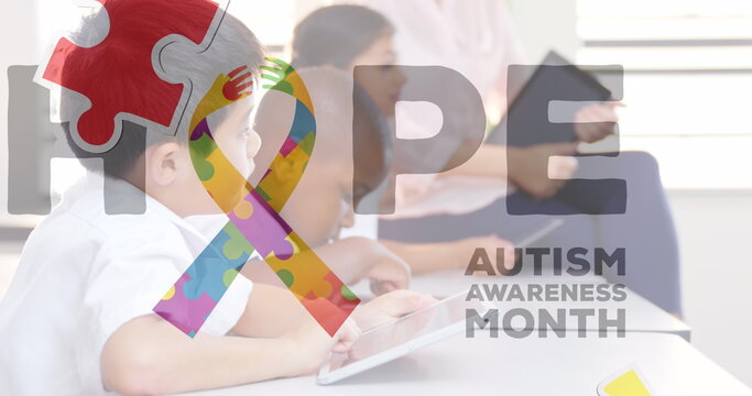 Image of colorful puzzle, ribbon and hope over diverse children with tablets