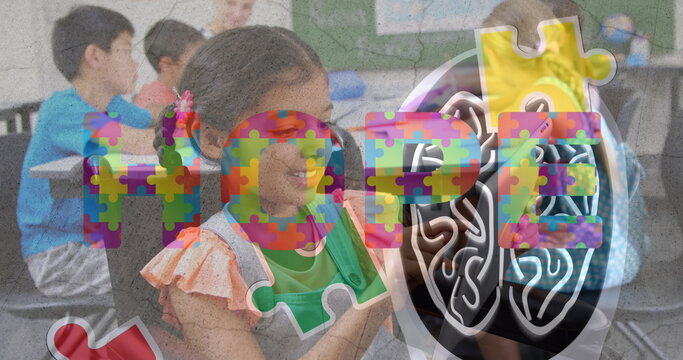 Image of puzzle over diverse schoolchildren