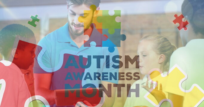 Image of colorful puzzles and autism awareness month over caucasian man and diverse children - Powered by Adobe