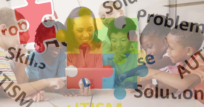 Image of puzzle and autism texts over female teacher and diverse pupils at school