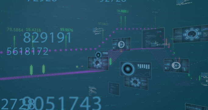 Image of data processing and numbers on blue digital screens - Powered by Adobe