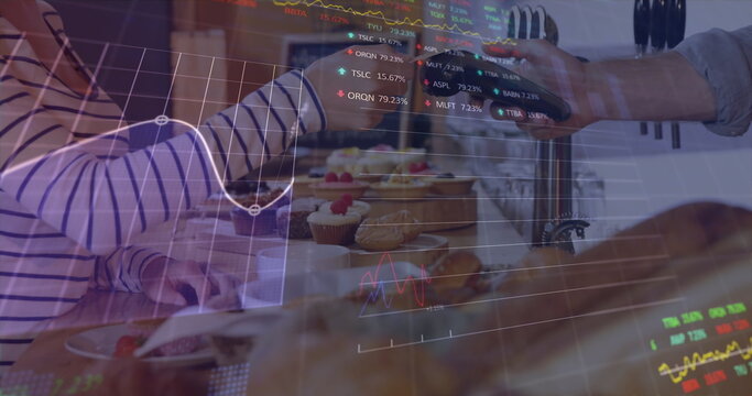 Image of digital data processing over people using a payment terminal