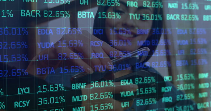 Image of digital data processing over woman using a payment terminal - Powered by Adobe