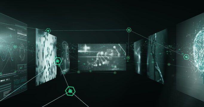 Image of network of connections over screens with science data processing