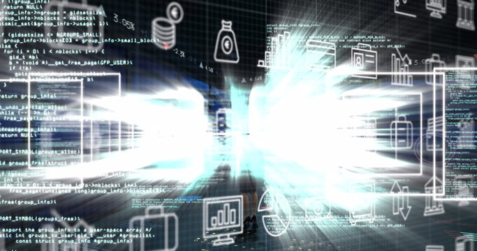 Image of icons over data processing and light trails on black background