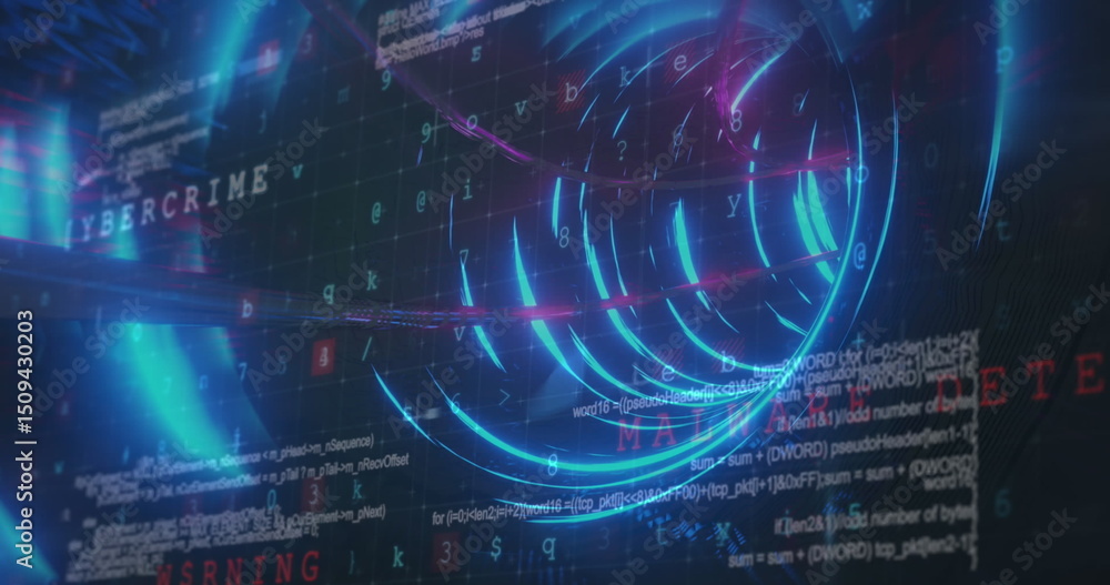 Poster image of tunnel made of neon circles over data processing, virus warning on black background