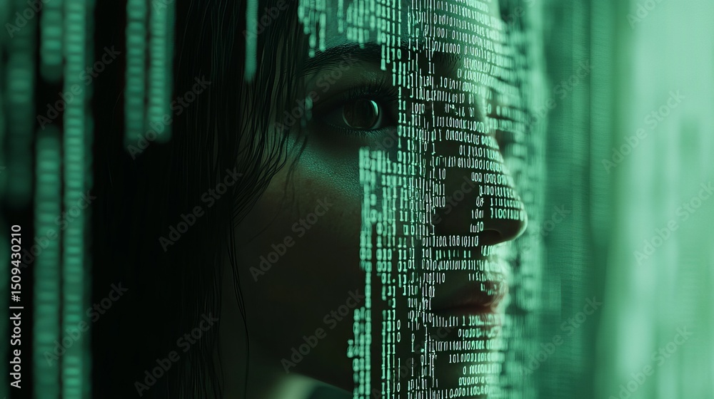 Poster woman face digital code abstract technology background green binary data futuristic portrait cyberpu