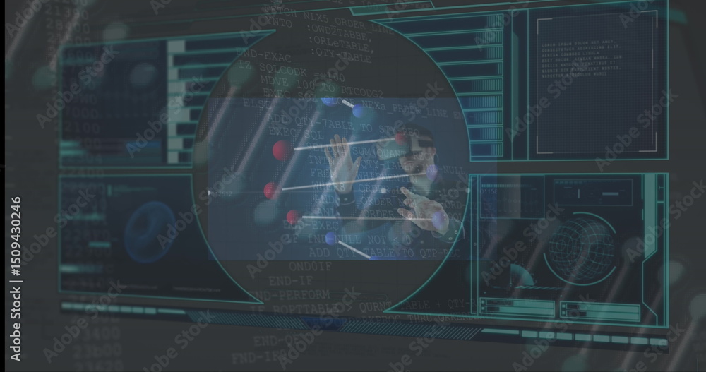 Poster digital image of interface with data processing over caucasian man wearing vr headset