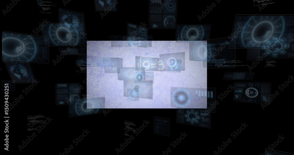 Poster image of scope scanning over mathematical equations on black background