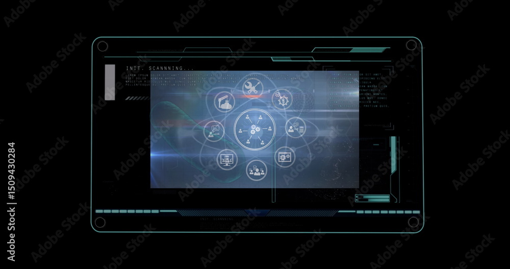 Poster digital image of interface with data processing against black background