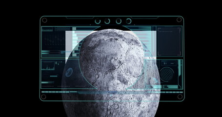 Digital image of interface with data processing over moon against black background