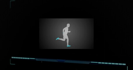 Displaying digital male runner silhouette moving right on HUD panel, with cyan progress bar