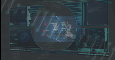 Digital image of interface with data processing over caucasian man wearing vr headset