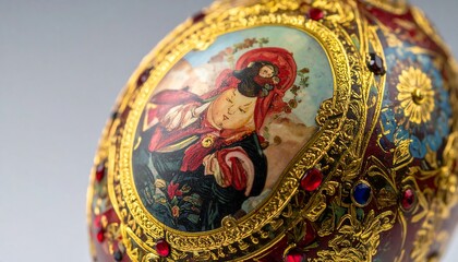 Obraz premium Ornate decorative egg with a detailed portrait, accented by gold trim colorful gems. Ideal for themes of artistry, luxury, collectibles, holiday tradition.
