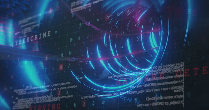 Image of tunnel made of neon circles over data processing, virus warning on black background