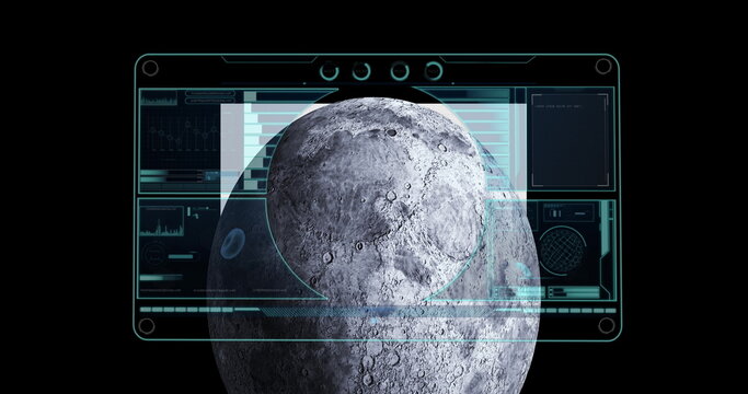 Digital image of interface with data processing over moon against black background - Powered by Adobe