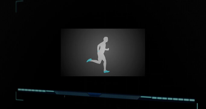 Displaying digital male runner silhouette moving right on HUD panel, with cyan progress bar - Powered by Adobe